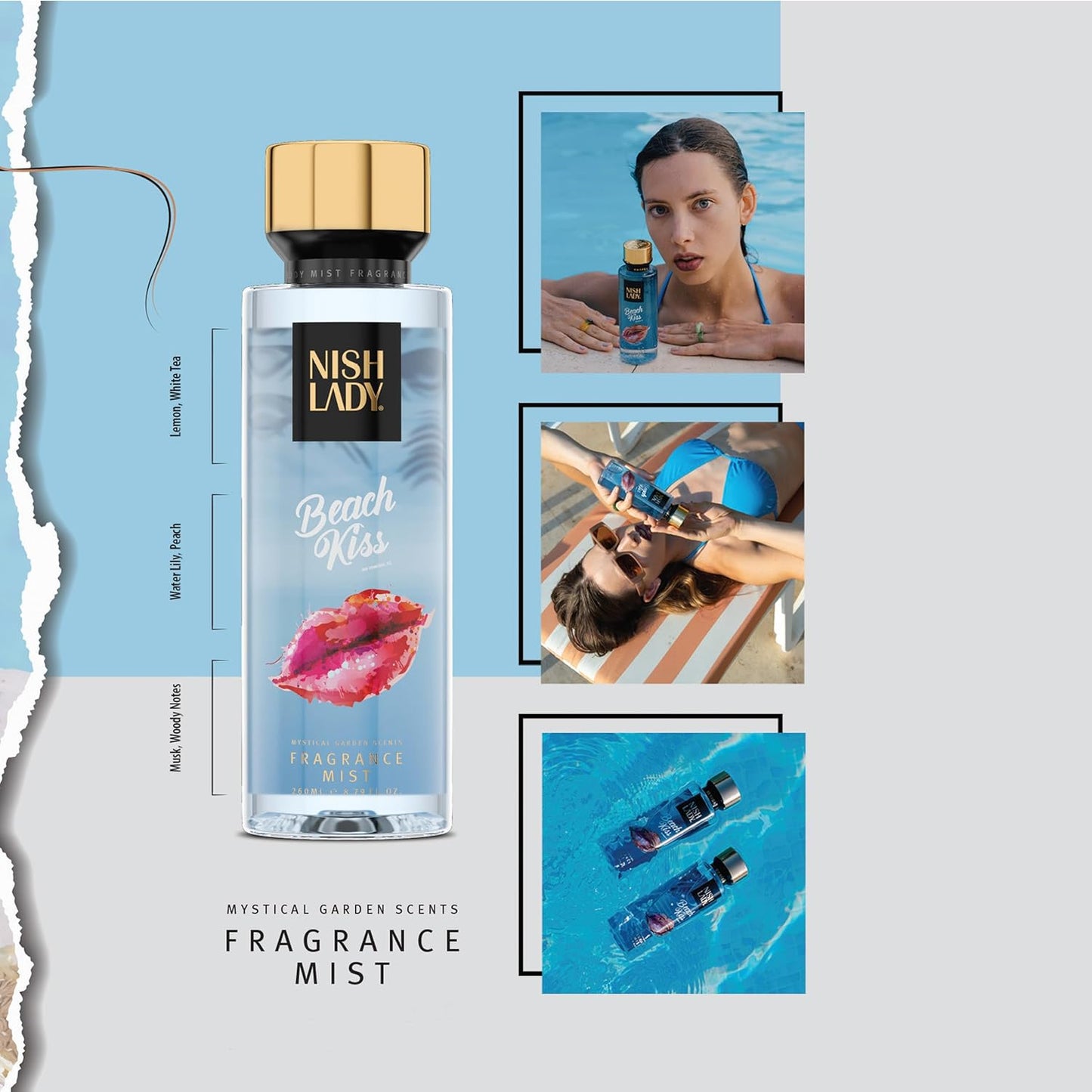 NishLady Fragrance Mist BEACH KISS, 260 ml | VEGAN | CRUELTY FREE | Long Lasting Scent | Moisturising Body Mist