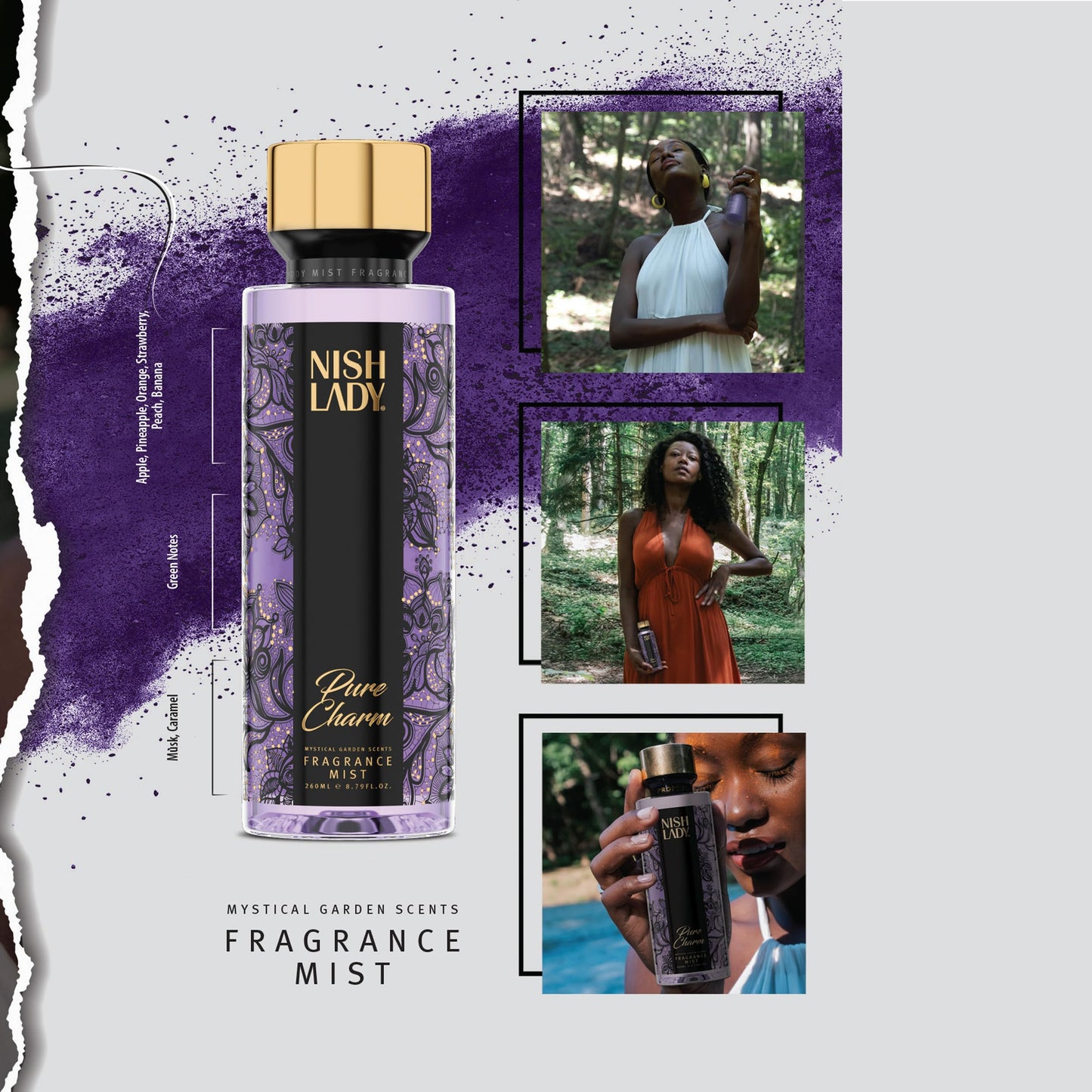 NishLady Fragrance Mist PURE CHARM, 260 ml | VEGAN | CRUELTY FREE | Long Lasting Scent | Moisturising Body Mist